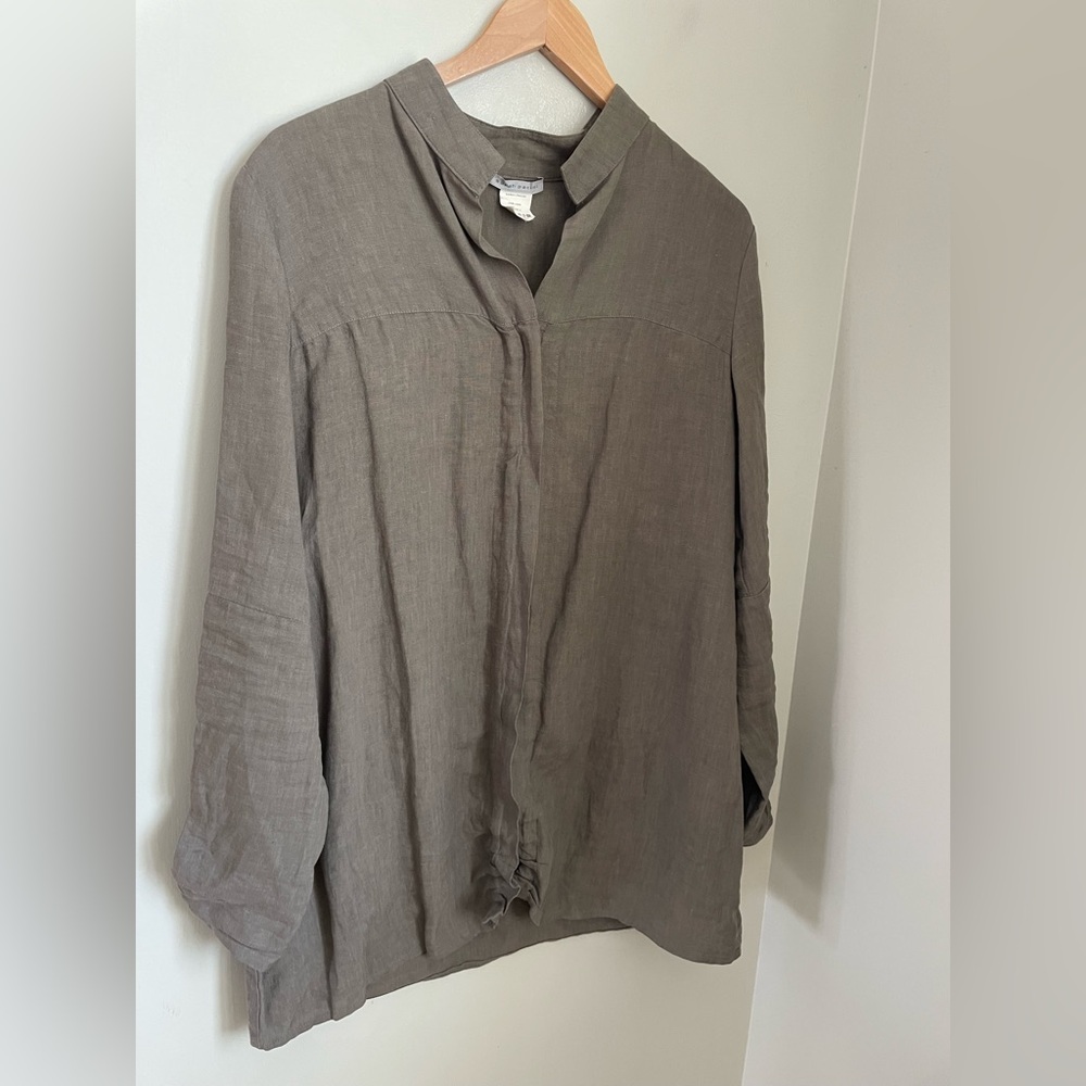 Sarah Pacini Italy 100% Linen Lagenlook Shirt Jacket Taupe S Granola Gorpcore - Picture 2 of 12